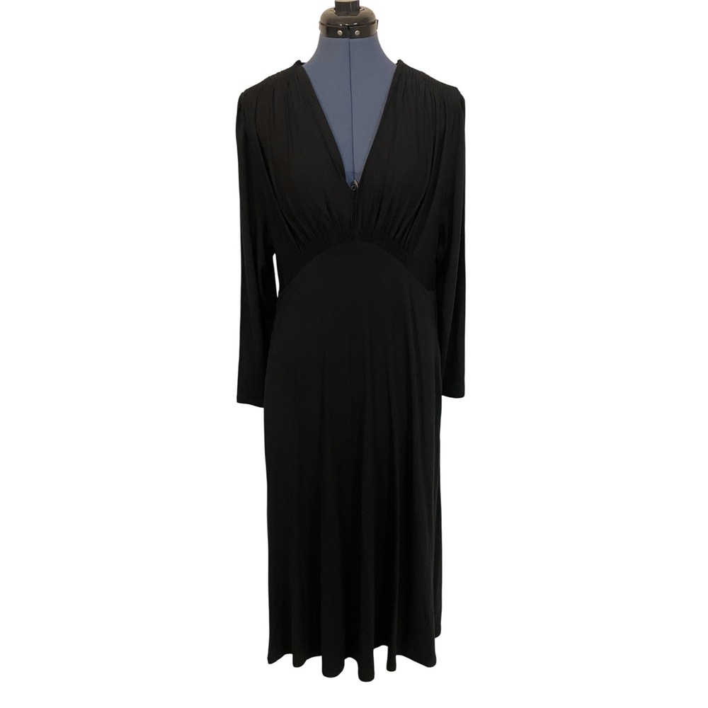 NWT Quince Black Tencel Jersey V Neck Long Sleeve Midi Dress Minimalist Career L